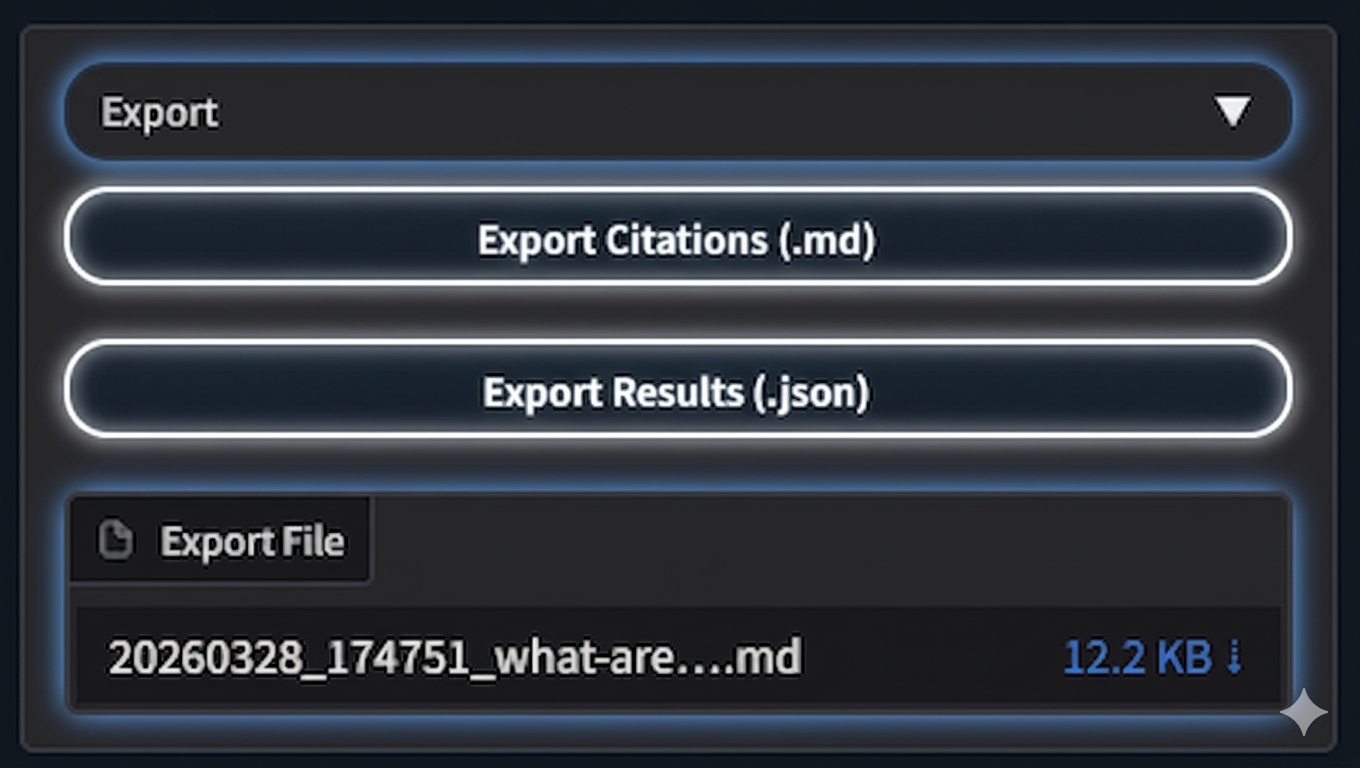 Export panel with citation and JSON download options