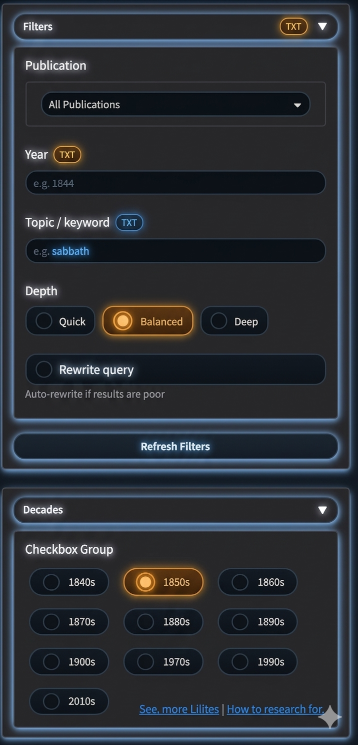 Filter panel with publication, year, decade, and depth controls